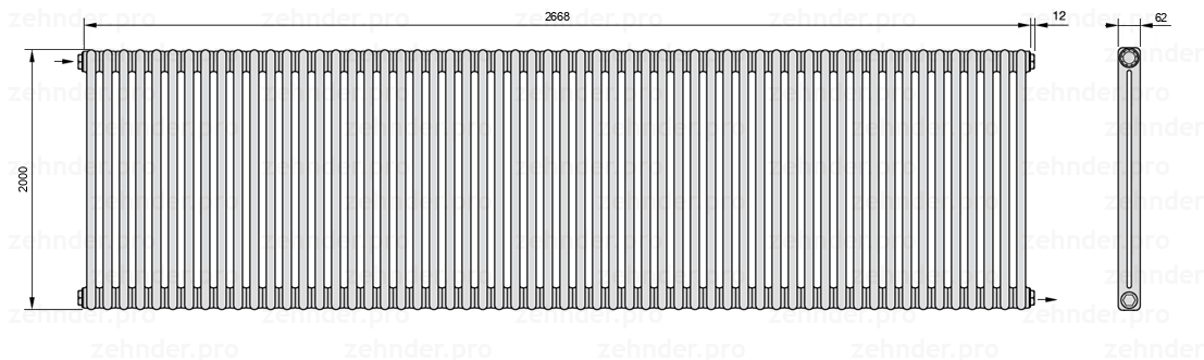 Схема (чертеж) Радиатор Zehnder Charleston 2200/58 №1670 Белый глянцевый RAL 9016